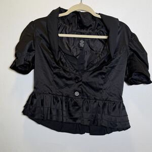 What’s Hot Black Ruffle Peplum Blouse Puff Sleeve Retro Gothic Top L